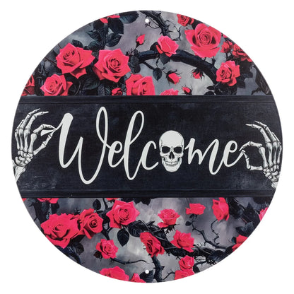 12 Inch Welcome With Pink Roses And Skeleton Metal Sign