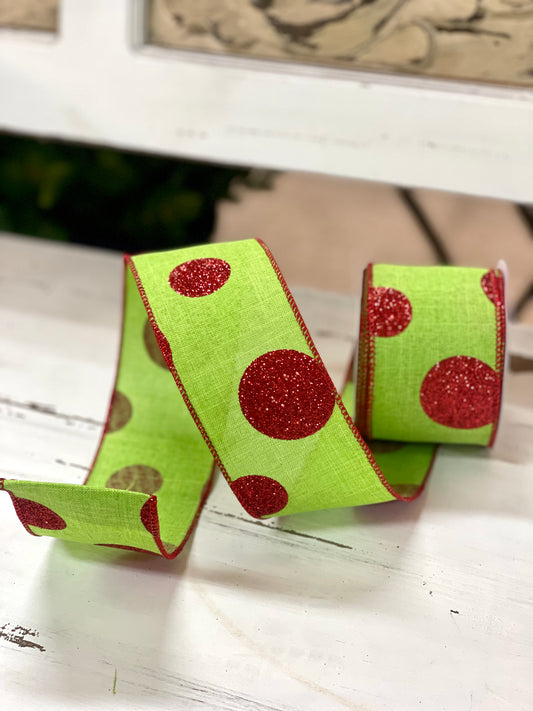 2.5 Inch By 10 Yard Lime Background With Red Glitter Polka Dot Ribbon