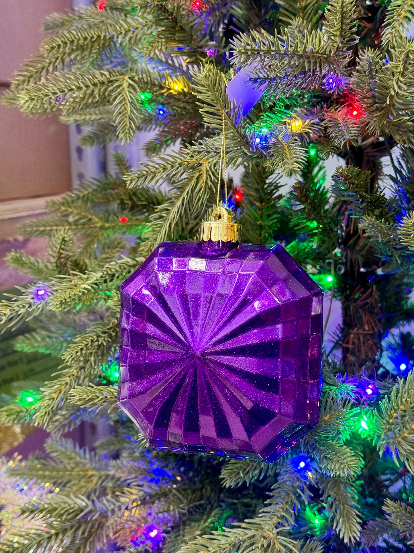 4.75 Inch Purple Glitter Octagon Ornament