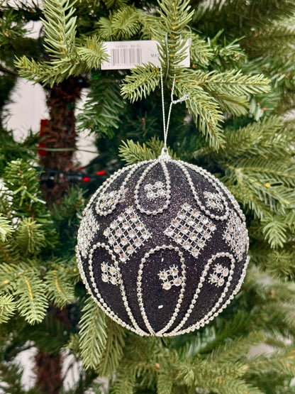 5 Inch Black And Silver Beaded Ornament Ball