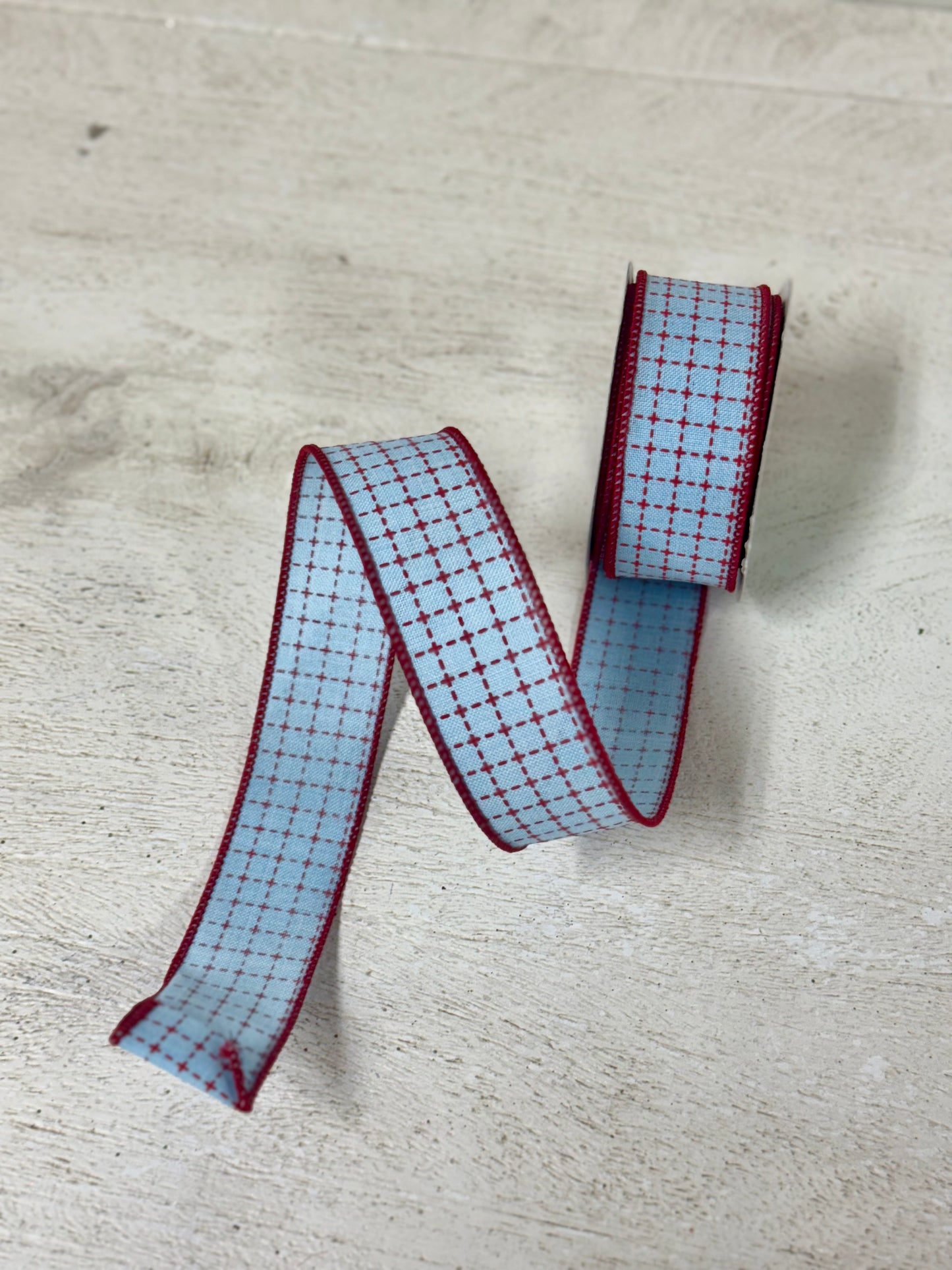 1.5 Inch By 10 Yard Pale Blue And Red Stitched Squares Ribbon