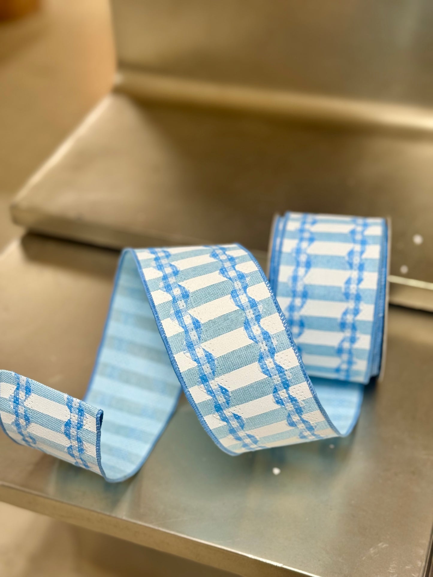 2.5 Inch By 10 Yard Light Blue And White Gingham Ricrac Ribbon