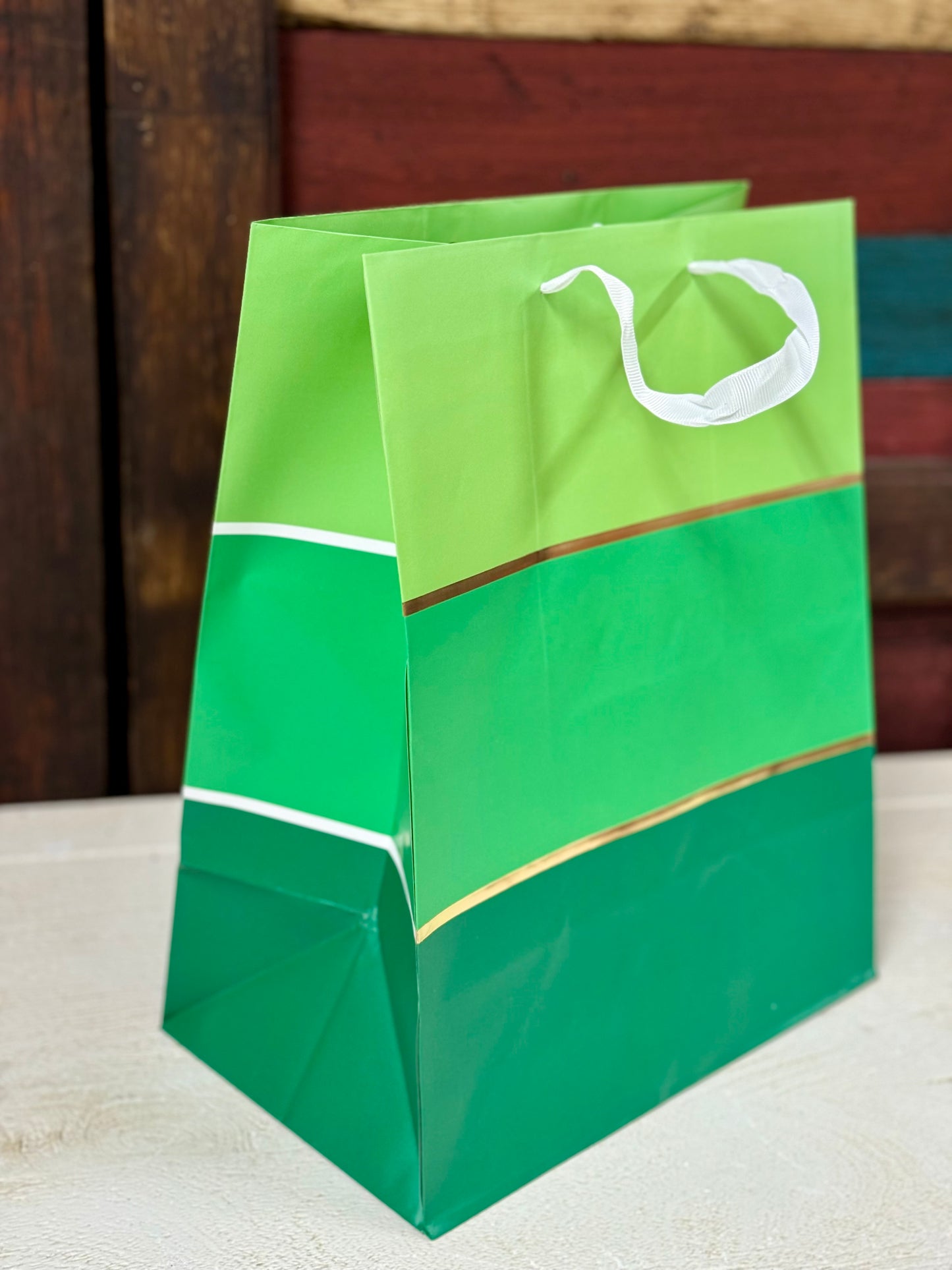 Green Gift Bag With  Stripes And  Small White Stripes