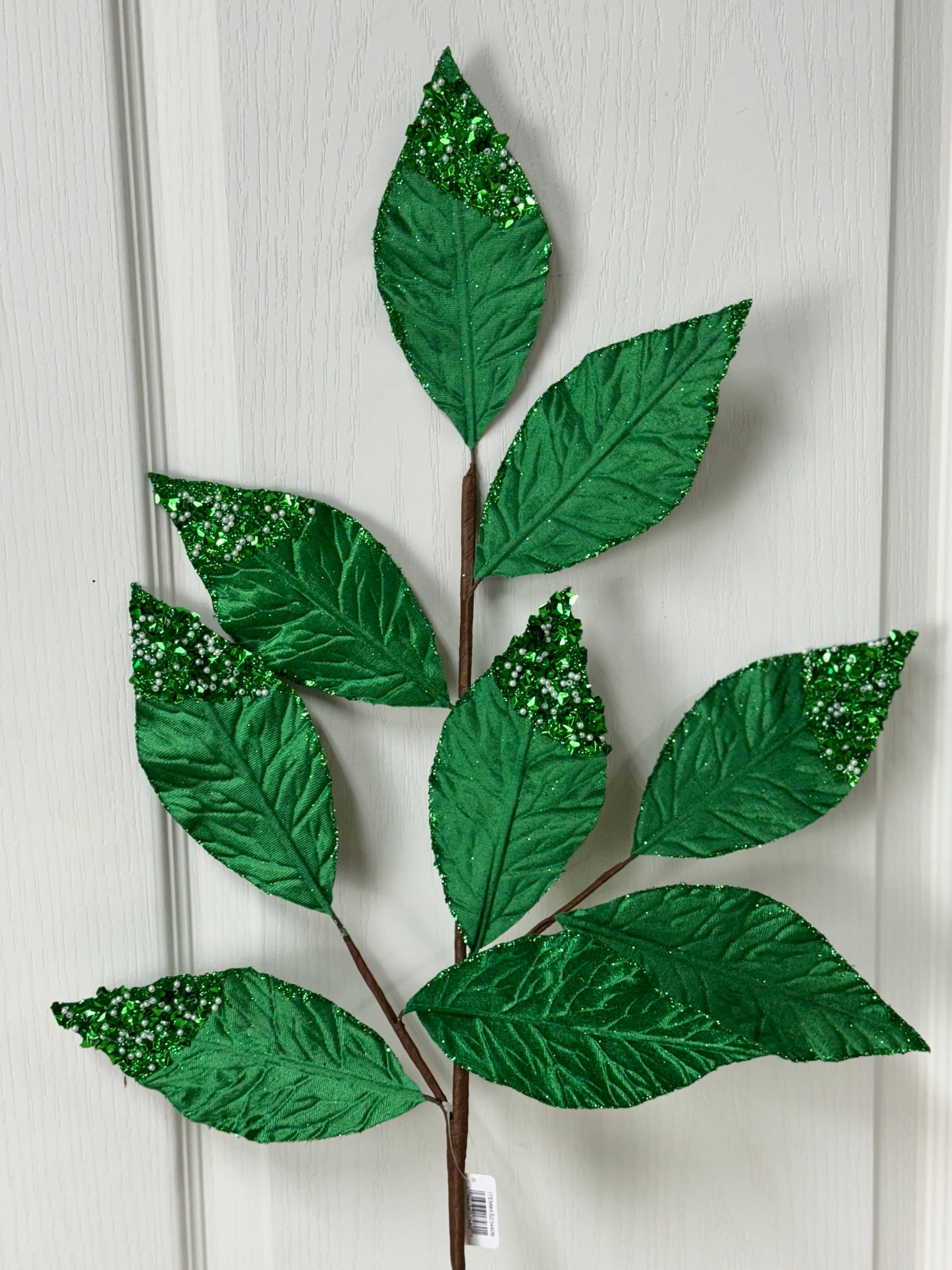 31.5 Inch Emerald Green Pressed Velvet Glitter Leaf Spray With Pearls