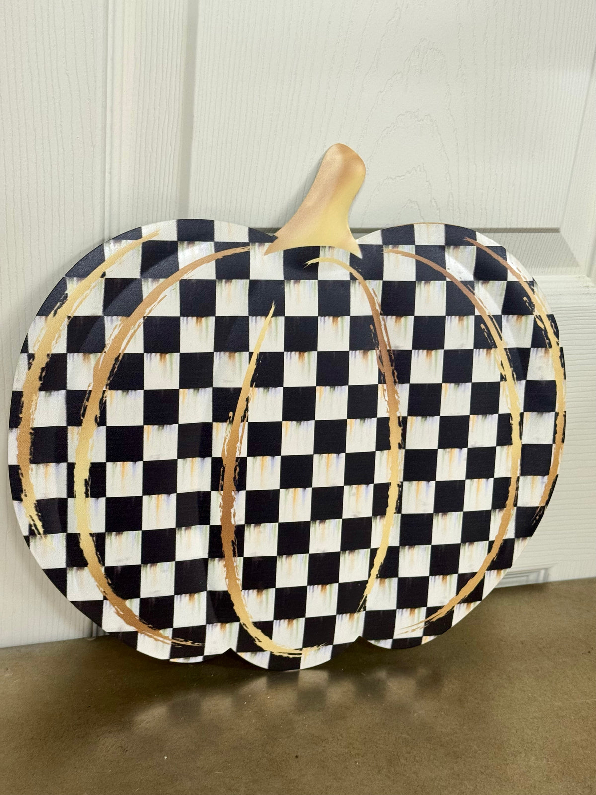 12 Inch Black White Gold Check Metal Embossed Pumpkin Wreath Sign