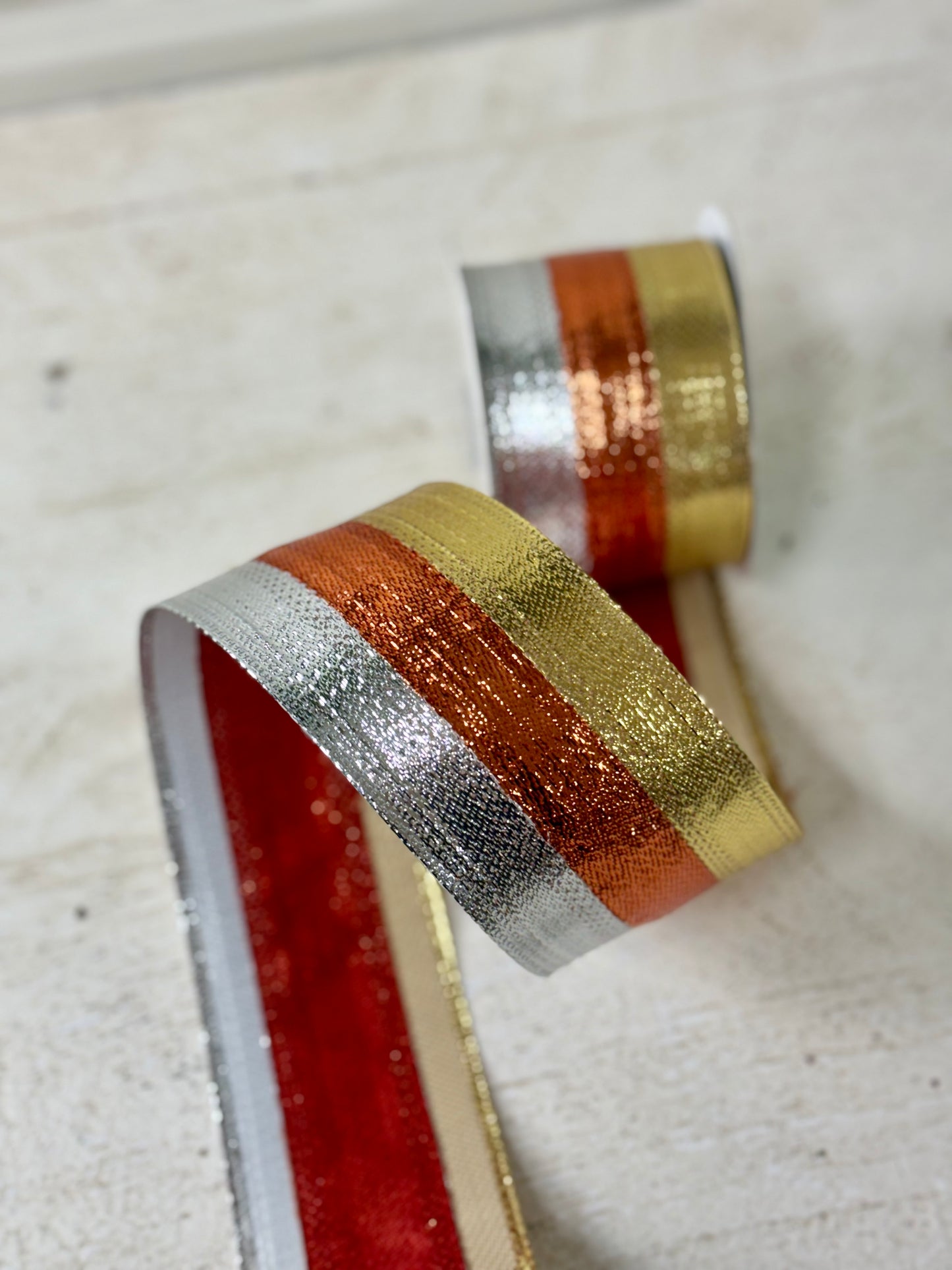 2.5 Inch By 10 Yard Silver Copper And Gold Striped Metallic Ribbon