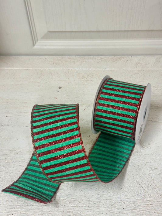 2.5 Inch By 10 Yard Jade And Red Glitter Stripe Ribbon