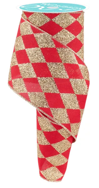 4 Inch By 10 Yard Red And Gold Harlequin Check Ribbon