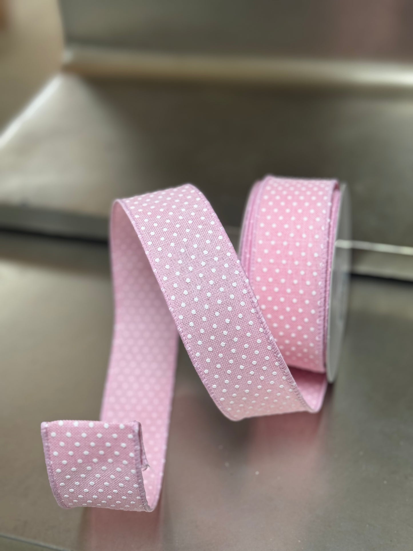 1.5 Inch By 10 Yard Light Pink And White Raised Polka Dot Ribbon