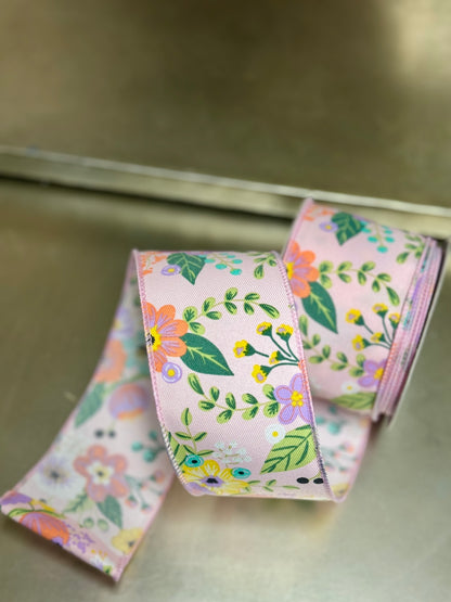 2.5 Inch By 10 Yard Peach And Lavender Graphic Floral Ribbon