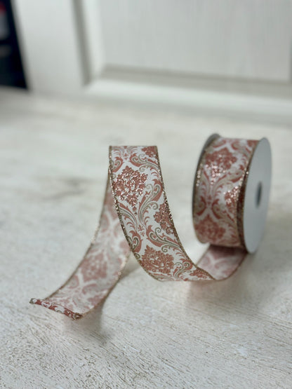 1.5 Inch By 10 Yard Champagne And Blush Pink Demask Ribbon