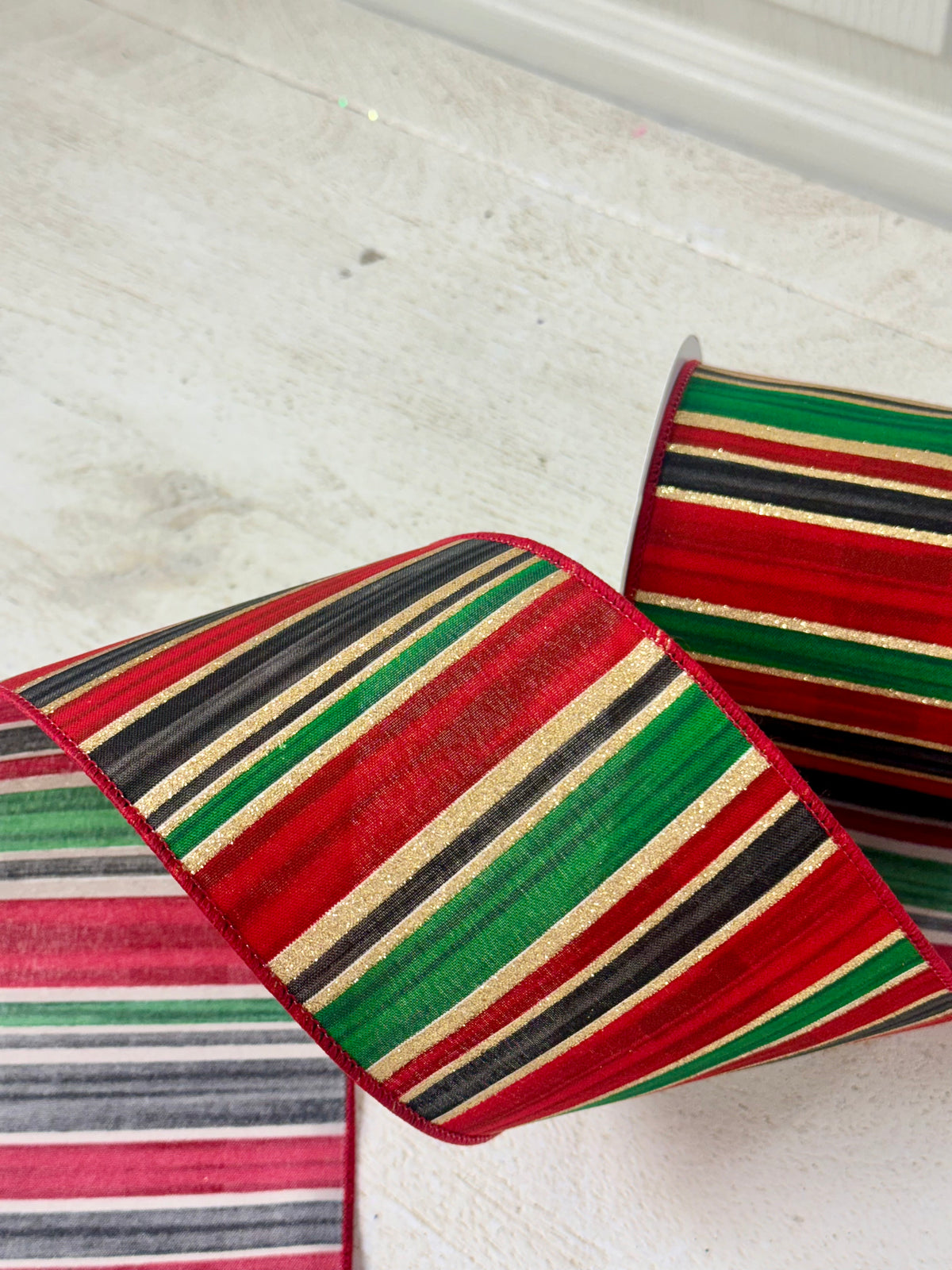 4 Inch By 10 Yard Red Black Emerald Horizontal Stripes Ribbon