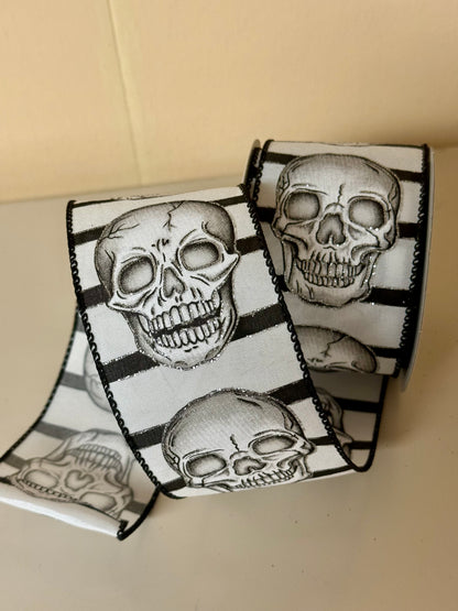 2.5 Inch By 10 Yard Black And White Skull Head Ribbon