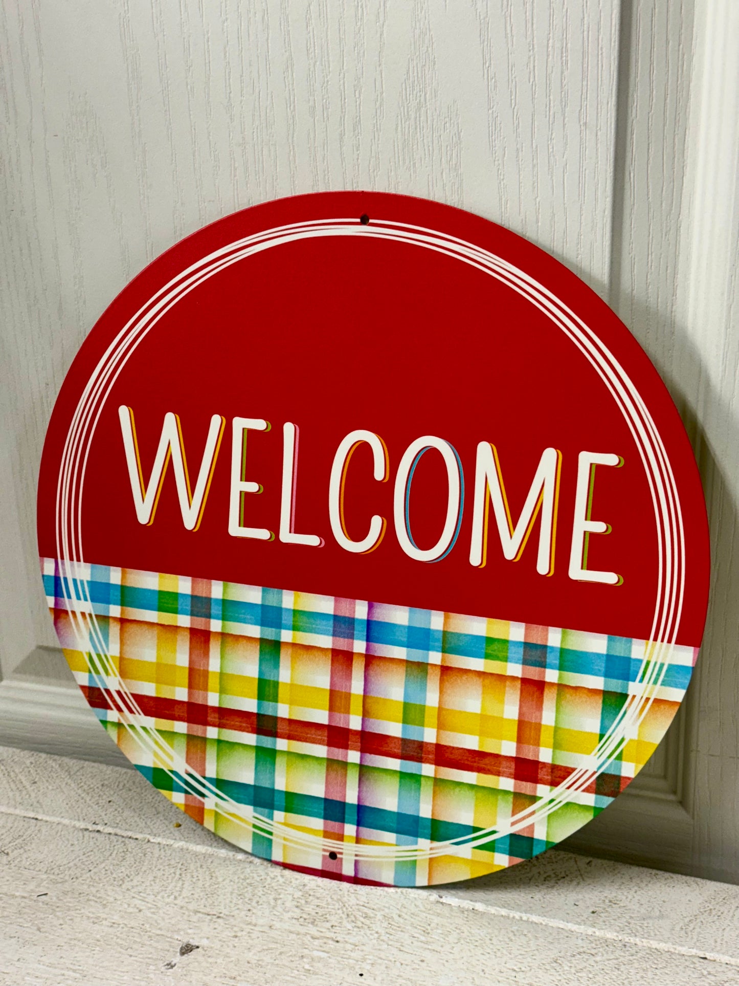 12 Inch Welcome Multicolor Plaid Wreath Sign