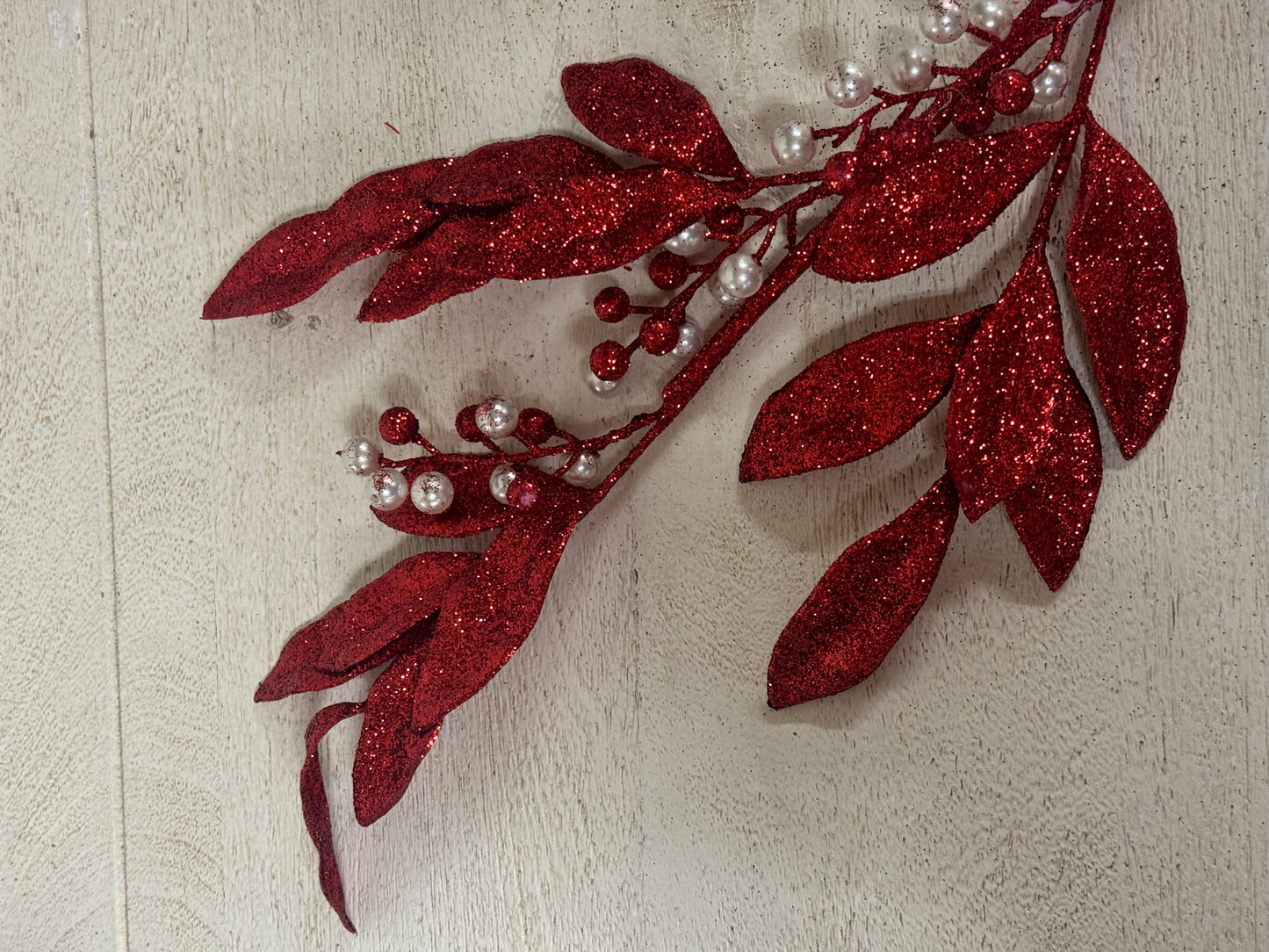 25 Inch Red Glitter Leaf Spray With Pearl Details