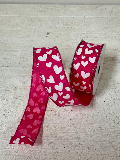 1.5 Inch By 10 Yard Hot Pink And White Heart Ribbon