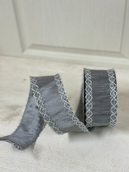 2.5 Inch By 10 Yard Gray Dupioni With Silver Metallic Trim Ribbon