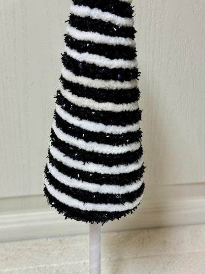 13.25 Inch Black And White Tinsel Glitter Twisted Cone Tree