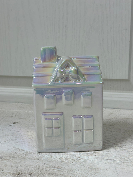 3.5 Inch Iridescent Ceramic House With Bow