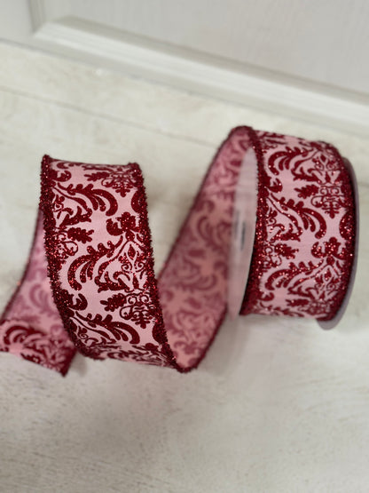 2.5 Inch By 10 Yard Soft Pink And Red Damask Dupioni With Red Tinsel Edge Ribbon