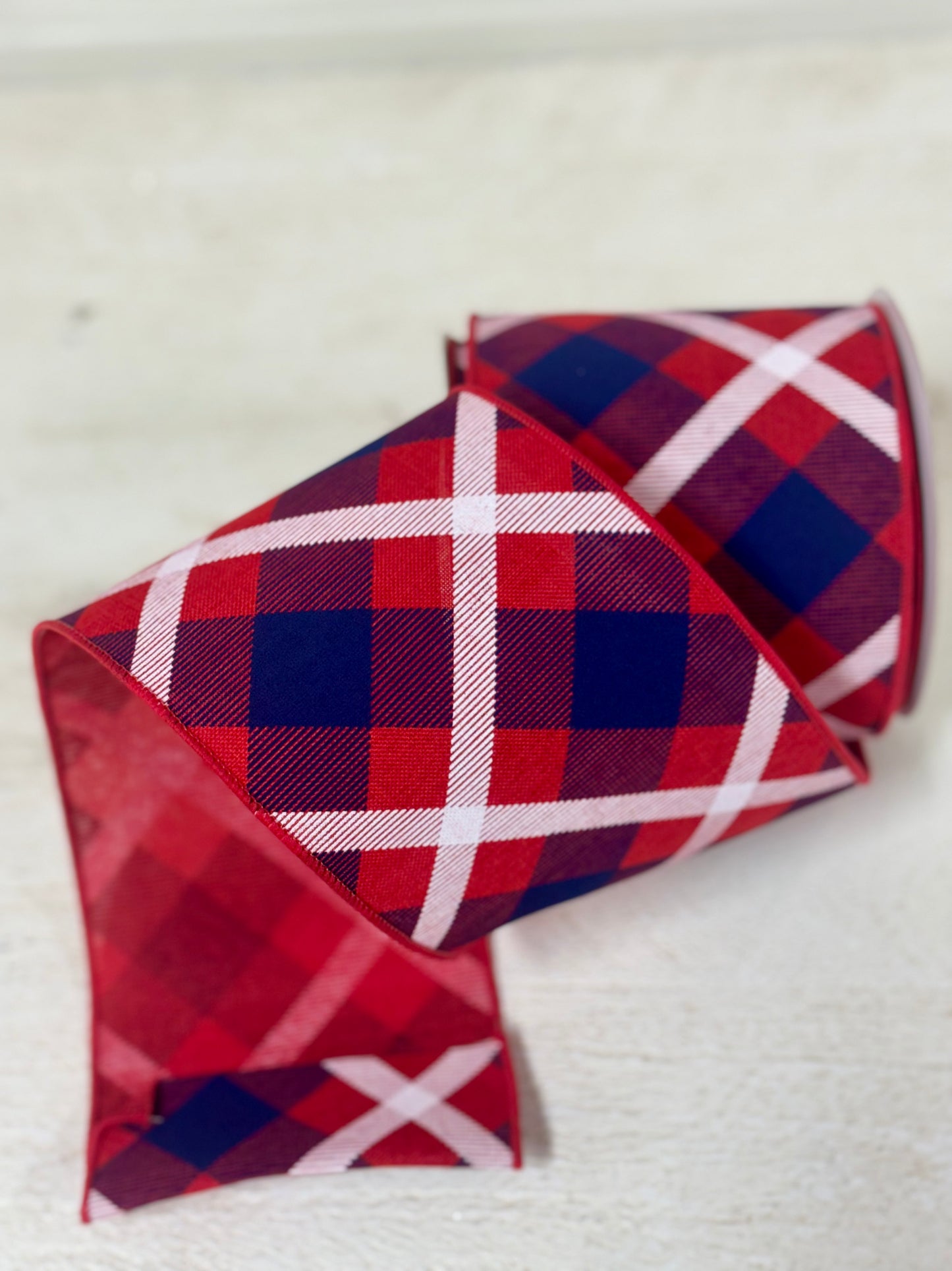 4 Inch By 10 Yard Red Navy Blue And White Plaid Ribbon