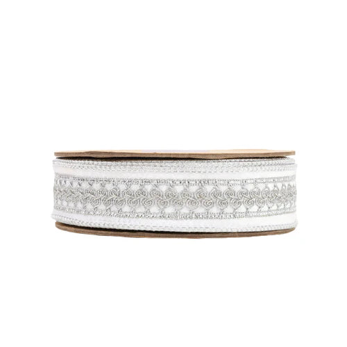 1.5 Inch By 10 Yard White And Silver Velvet Ribbon With Metallic Trim