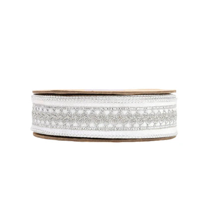 1.5 Inch By 10 Yard White And Silver Velvet Ribbon With Metallic Trim