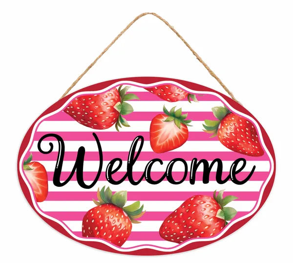 13 Inch Welcome Strawberry And Stripes Oval Sign