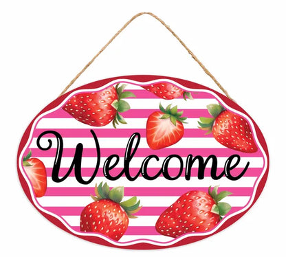 13 Inch Welcome Strawberry And Stripes Oval Sign