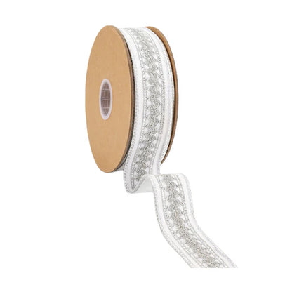 1.5 Inch By 10 Yard White And Silver Velvet Ribbon With Metallic Trim