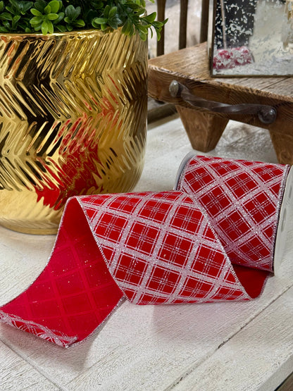 4 Inch By 10 Yard Red And Silver Lattice Glitter Velvet Ribbon