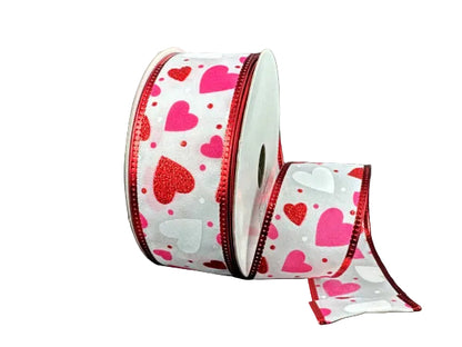 1.5 Inch By 10 Yard White Dark Pink And Red Glitter Hearts Ribbon