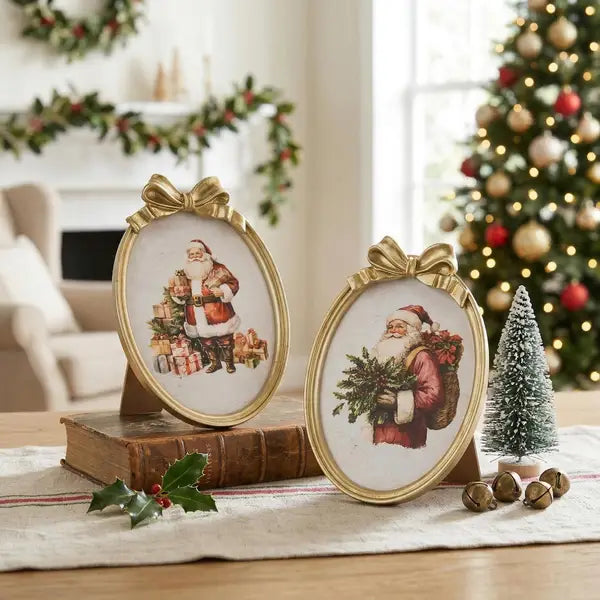 7.88 Inch Resin And Wood Oval Santa Plaque With Bow And Easel Two Styles