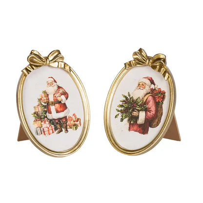 7.88 Inch Resin And Wood Oval Santa Plaque With Bow And Easel Two Styles