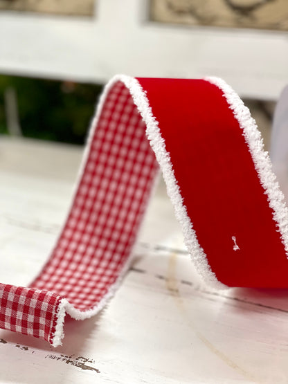 2.5 Inch By 10 Yard Red Velvet With Red Gingham Backing And White Drift Ribbon
