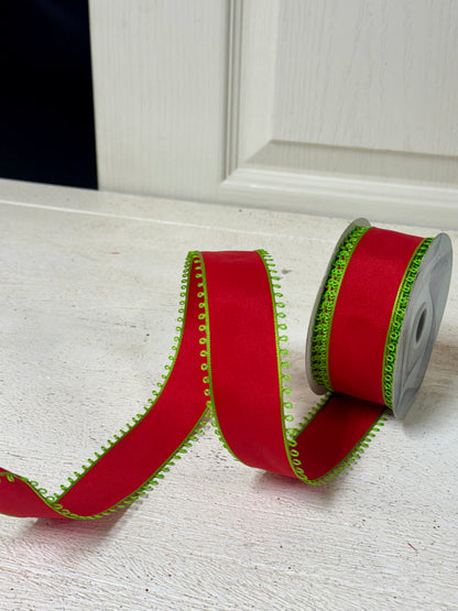 1.5 Inch By 10 Yard Lime Green And Red Picot Ribbon