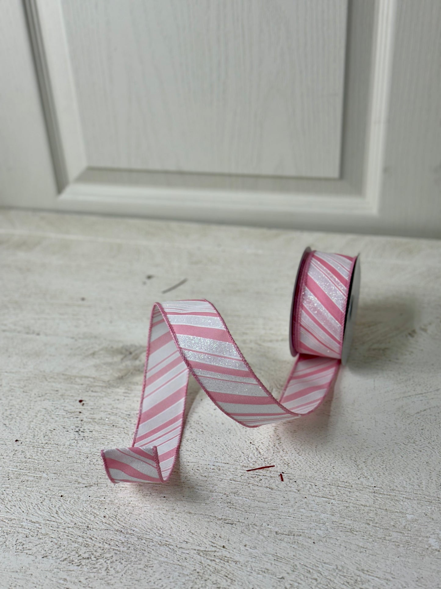 1.5 Inch By 10 Yard Light Pink And White Glitter Striped Ribbon