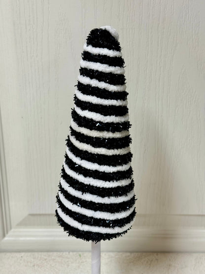 13.25 Inch Black And White Tinsel Glitter Twisted Cone Tree