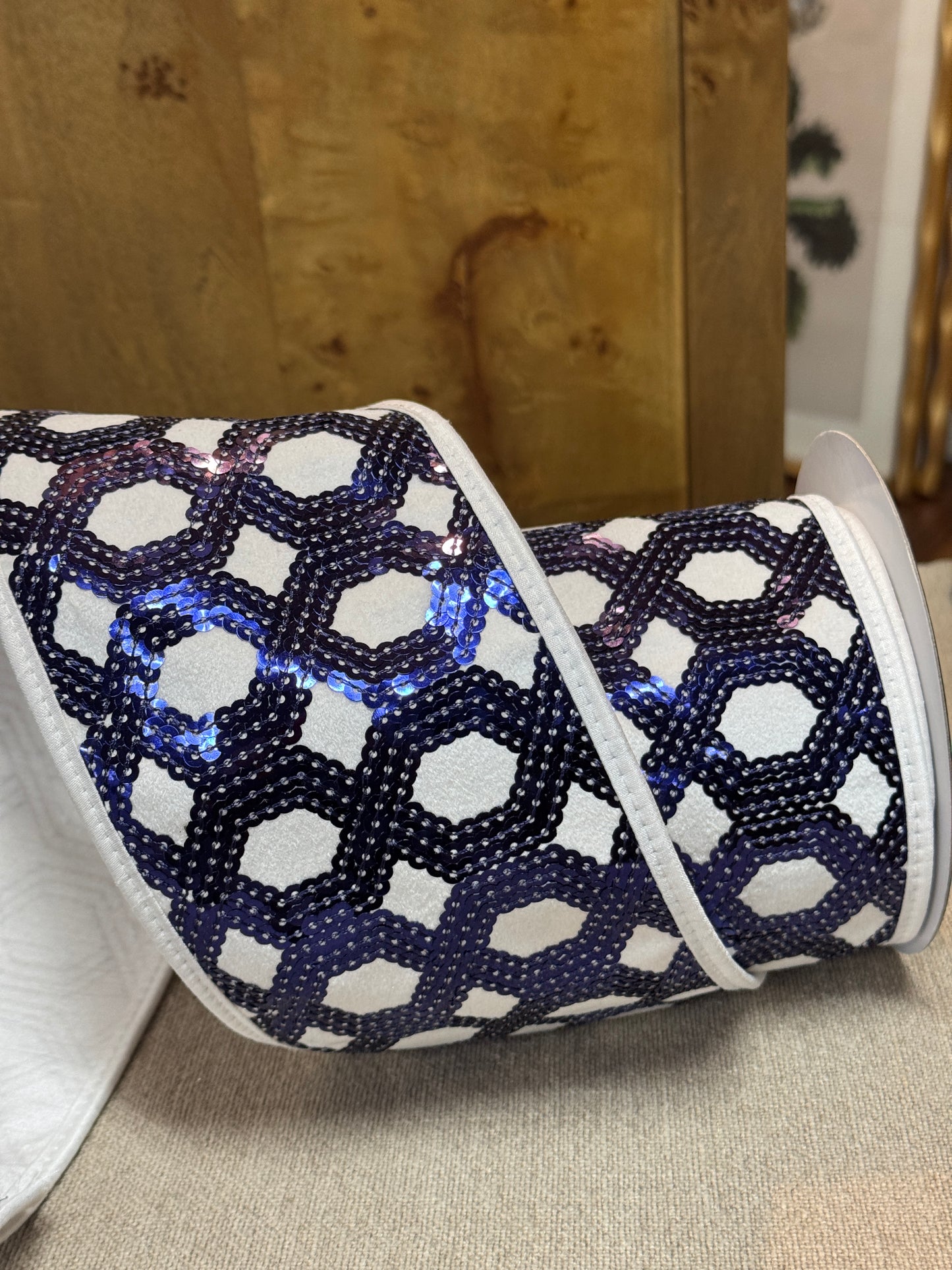 John Mark 4 Inch By 5 Yard Blue And White Sequin Dupioni Fused Piping Ribbon