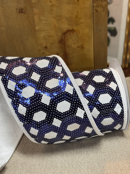 John Mark 4 Inch By 5 Yard Blue And White Sequin Dupioni Fused Piping Ribbon