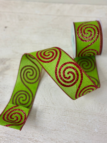 2.5 Inch By 10 Yard Red And Lime Green Large Swirl Ribbon