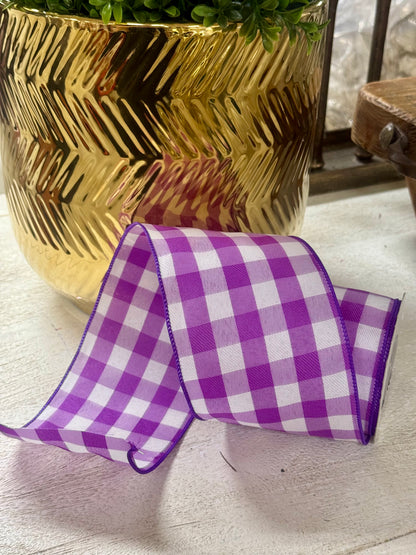 4 Inch By 10 Yard Purple And White Celine Check Plaid Ribbon