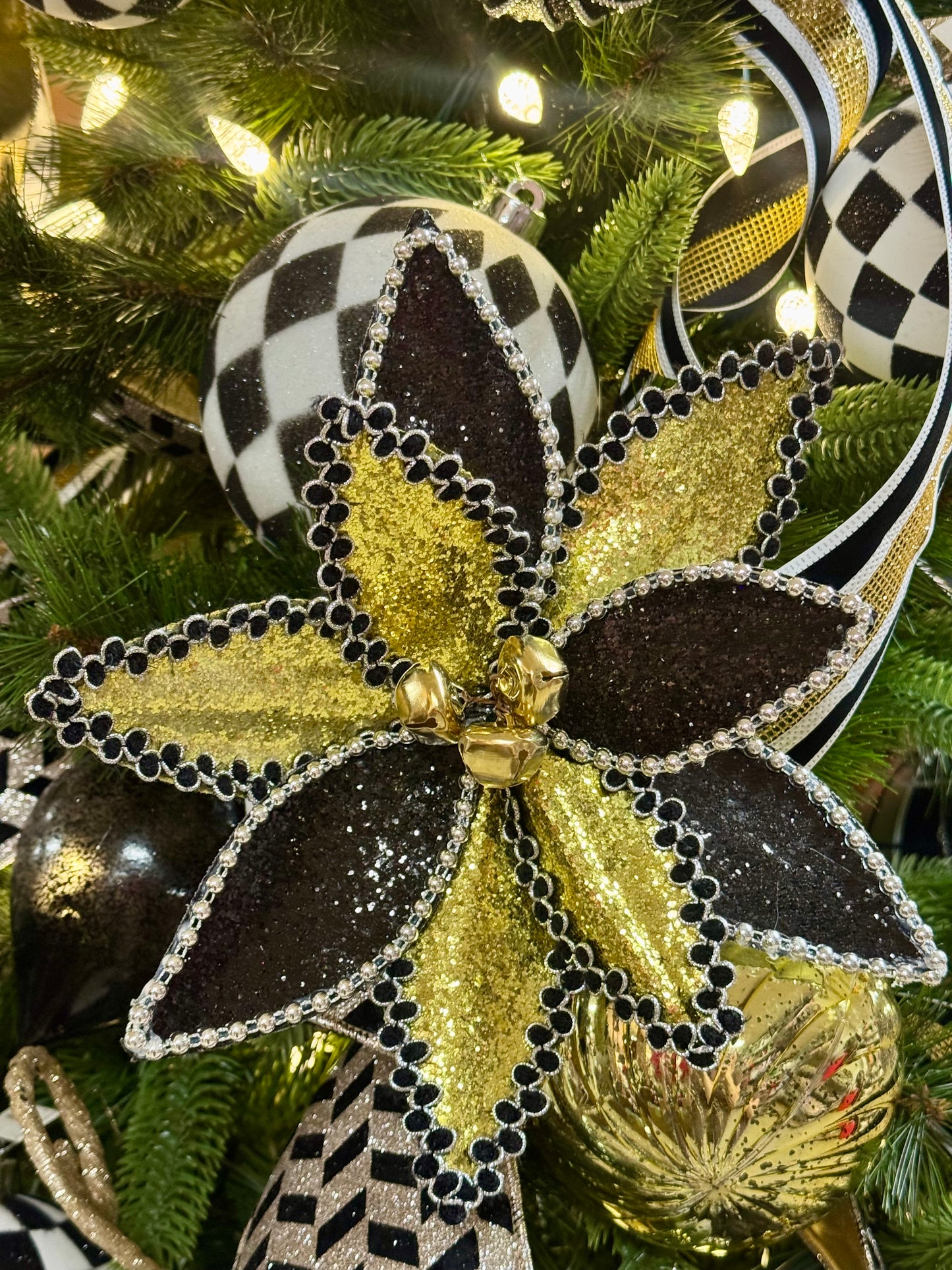 11 Inch Black And Gold Glitter Beaded Poinsettia Spray