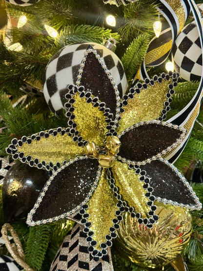 11 Inch Black And Gold Glitter Beaded Poinsettia Spray