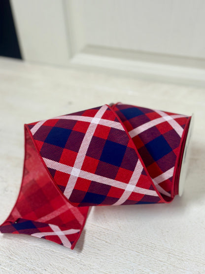 4 Inch By 10 Yard Red Navy Blue And White Plaid Ribbon