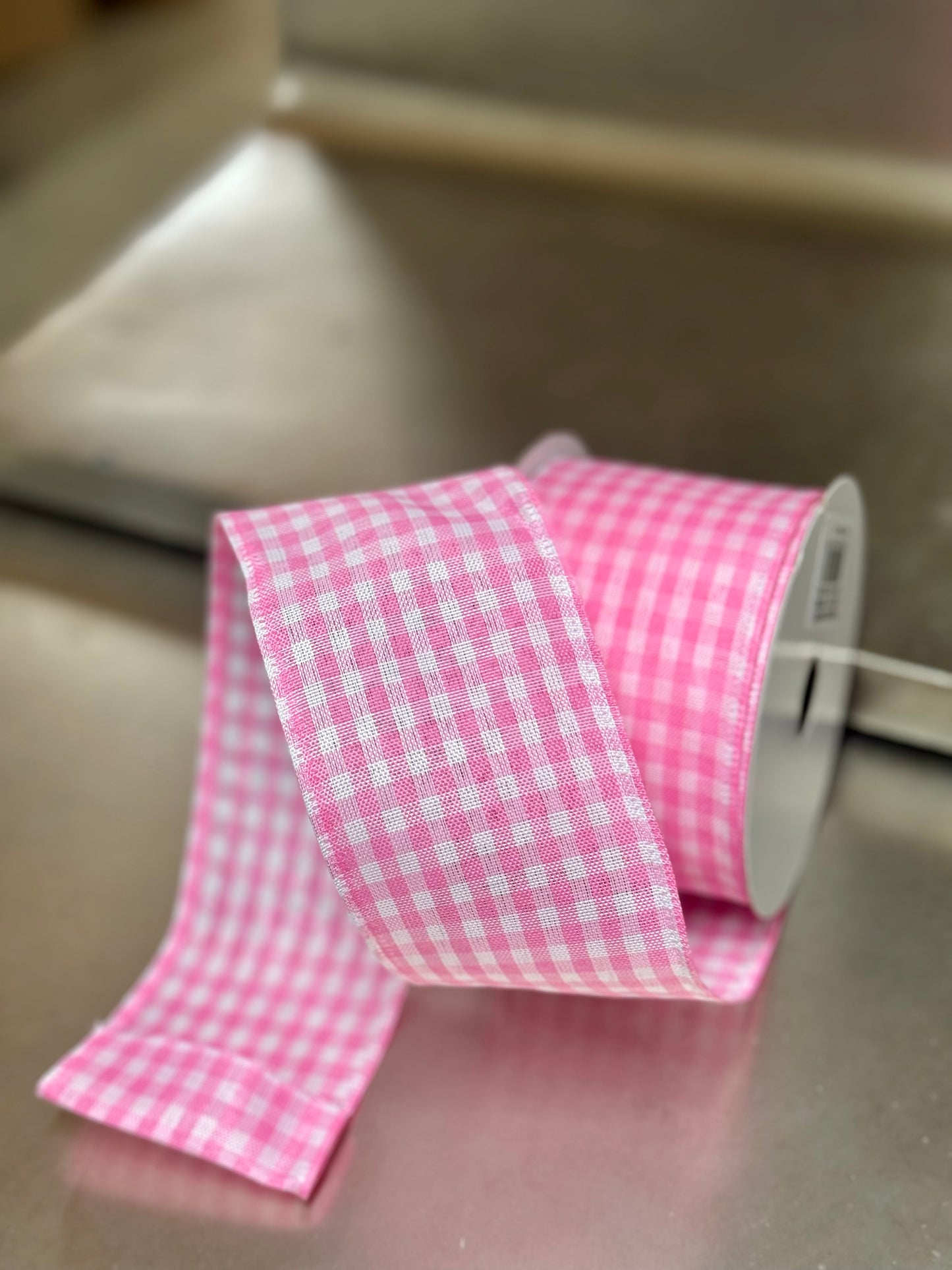 2.5 Inch By 10 Yard Light Pink And White Gingham Ribbon