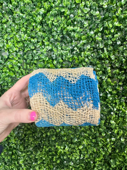 4 Inch By 5 Yards Designer Chevron Jute Natural with Blue Pattern Ribbon