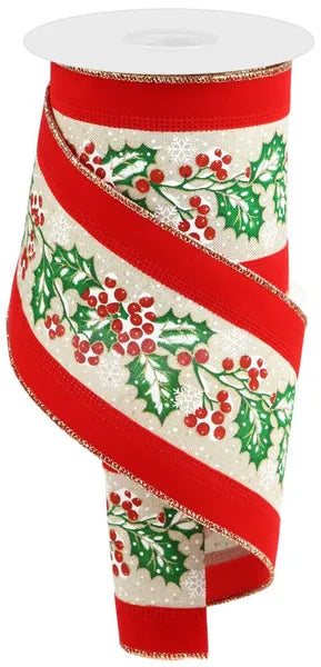 4 Inch By 10 Yard Holly Leaves And Berries Velvet Ribbon