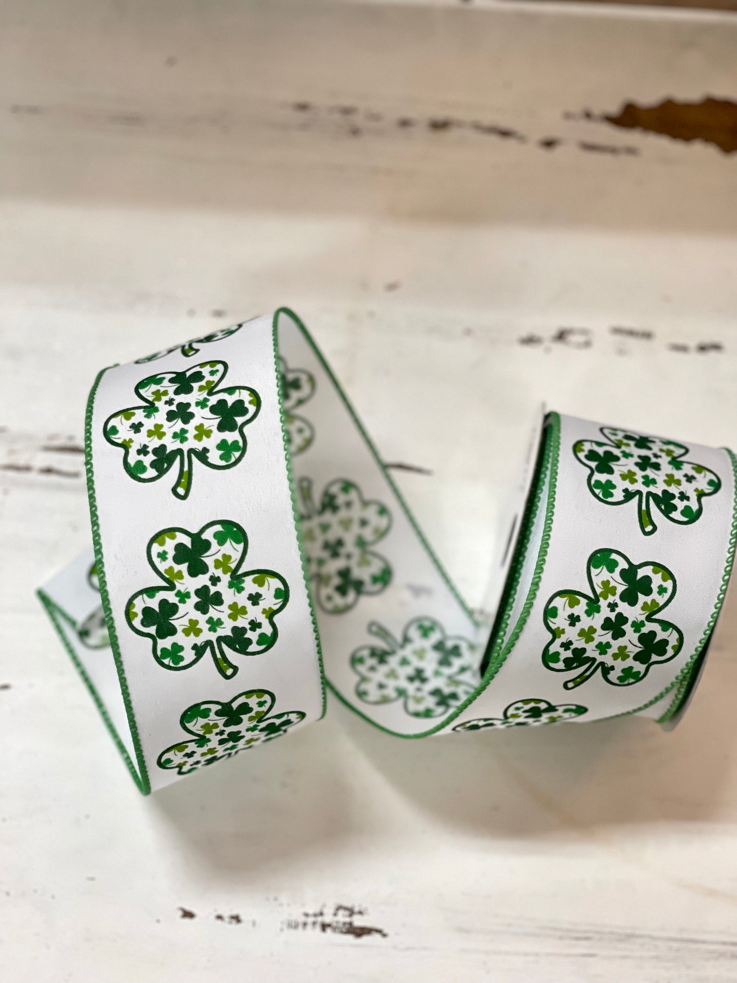 2.5 Inch By 10 Yard White Background With Green Clovers Ribbon