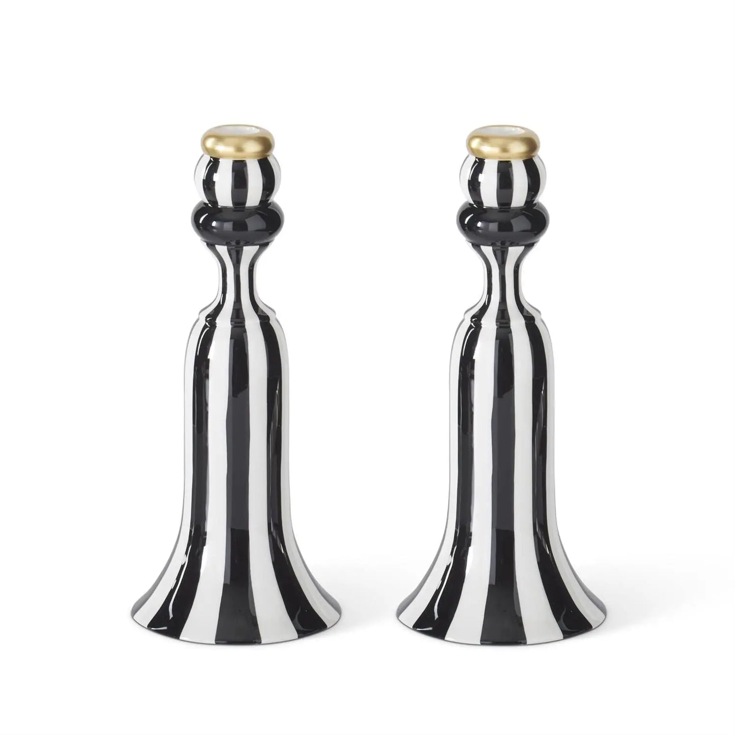 Set Of Two 10 Inch Black & White Striped Ceramic Taper Candle Holder